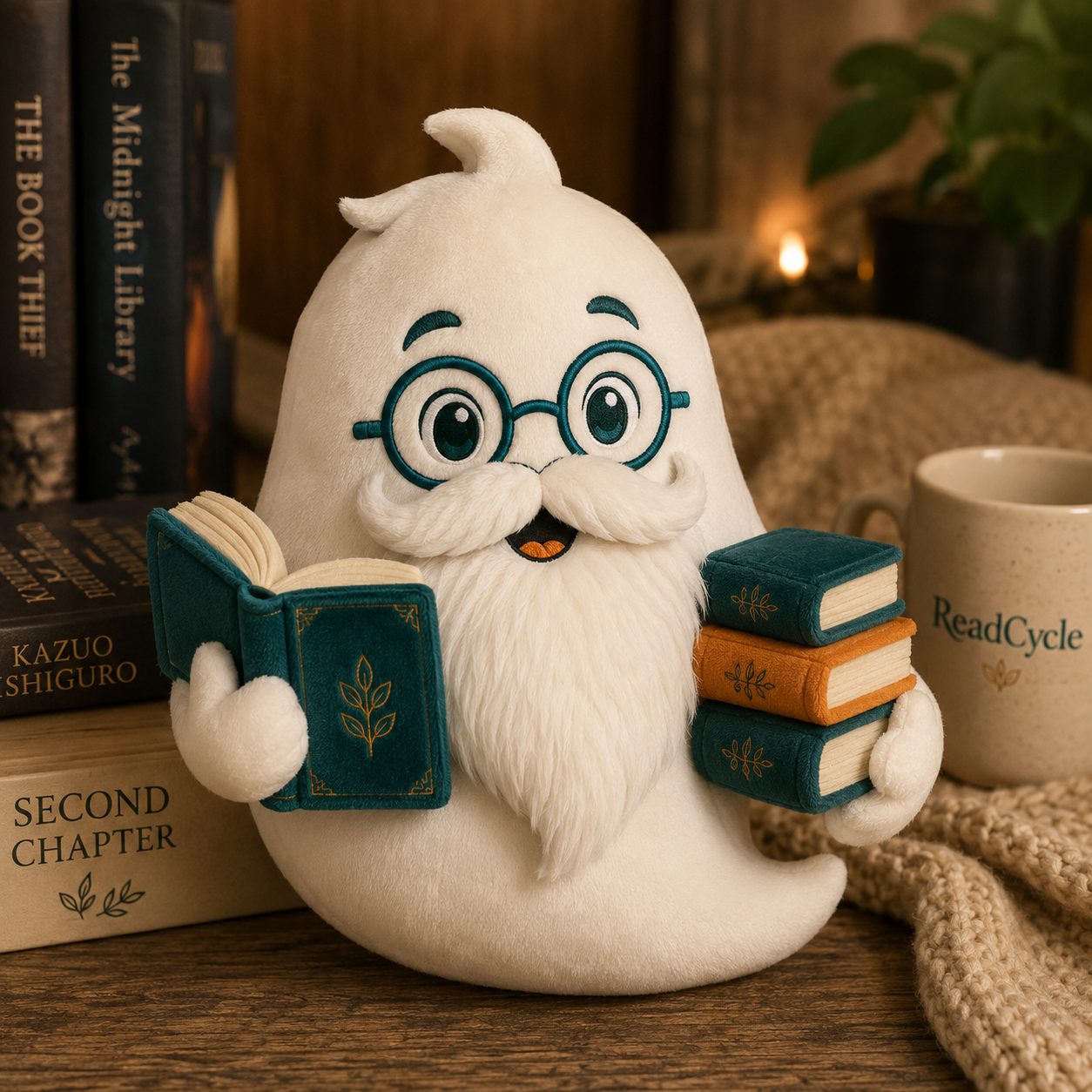 Plush toy version of the ReadCycle mascot holding books